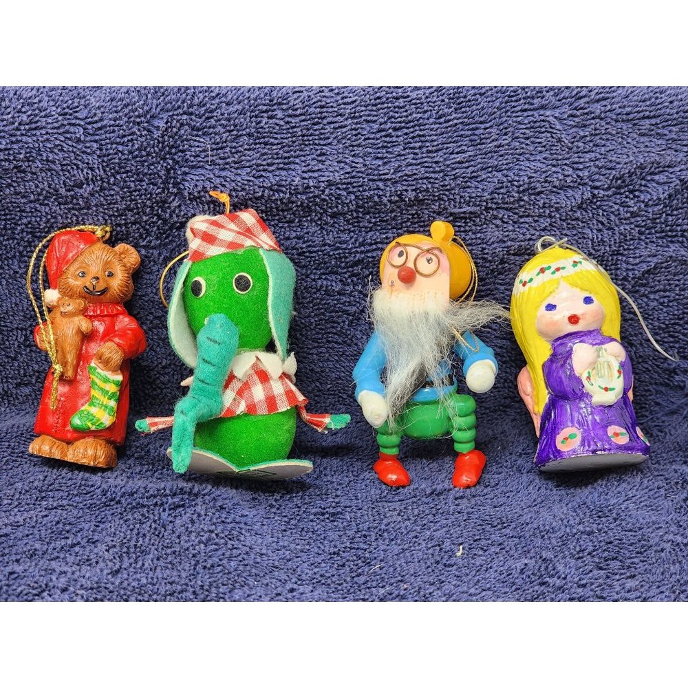 4 Vintage Very Unique Christmas‎ Ornaments Bear Elephant Elf Angel